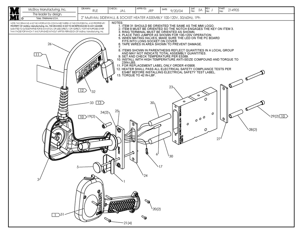 McElroy Part 214905 2 Multimc Sidewall & Socket 100120 Heater