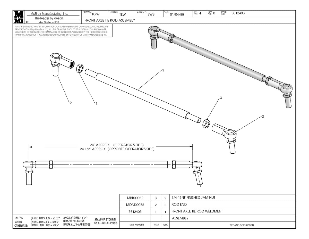 McElroy Part 3612406 - FRONT AXLE TIE ROD ASSY for sale