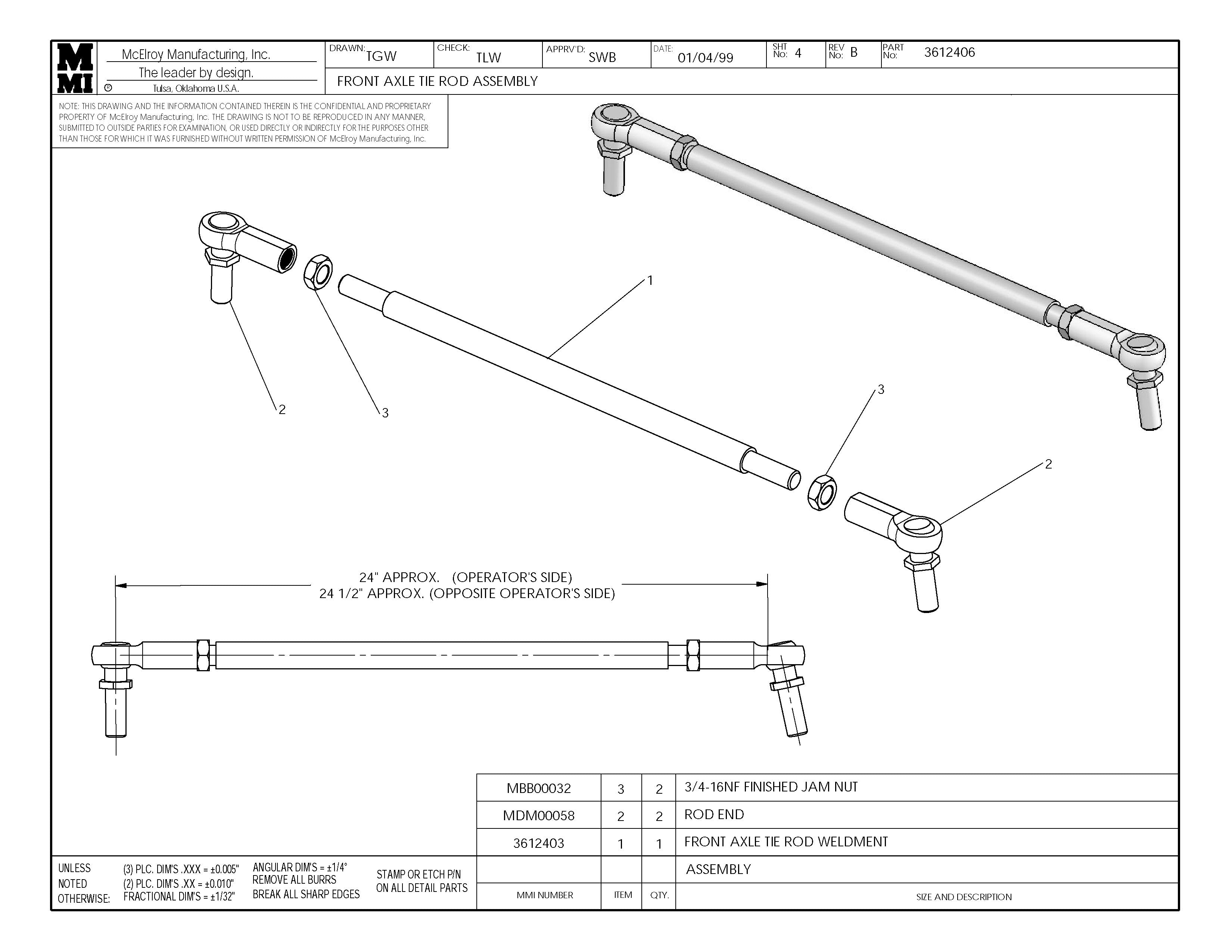 McElroy Part 3612406 - FRONT AXLE TIE ROD ASSY for sale