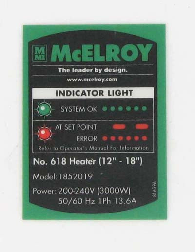 McElroy Part 816396 - MODEL 1852019 PART NO LABEL for sale