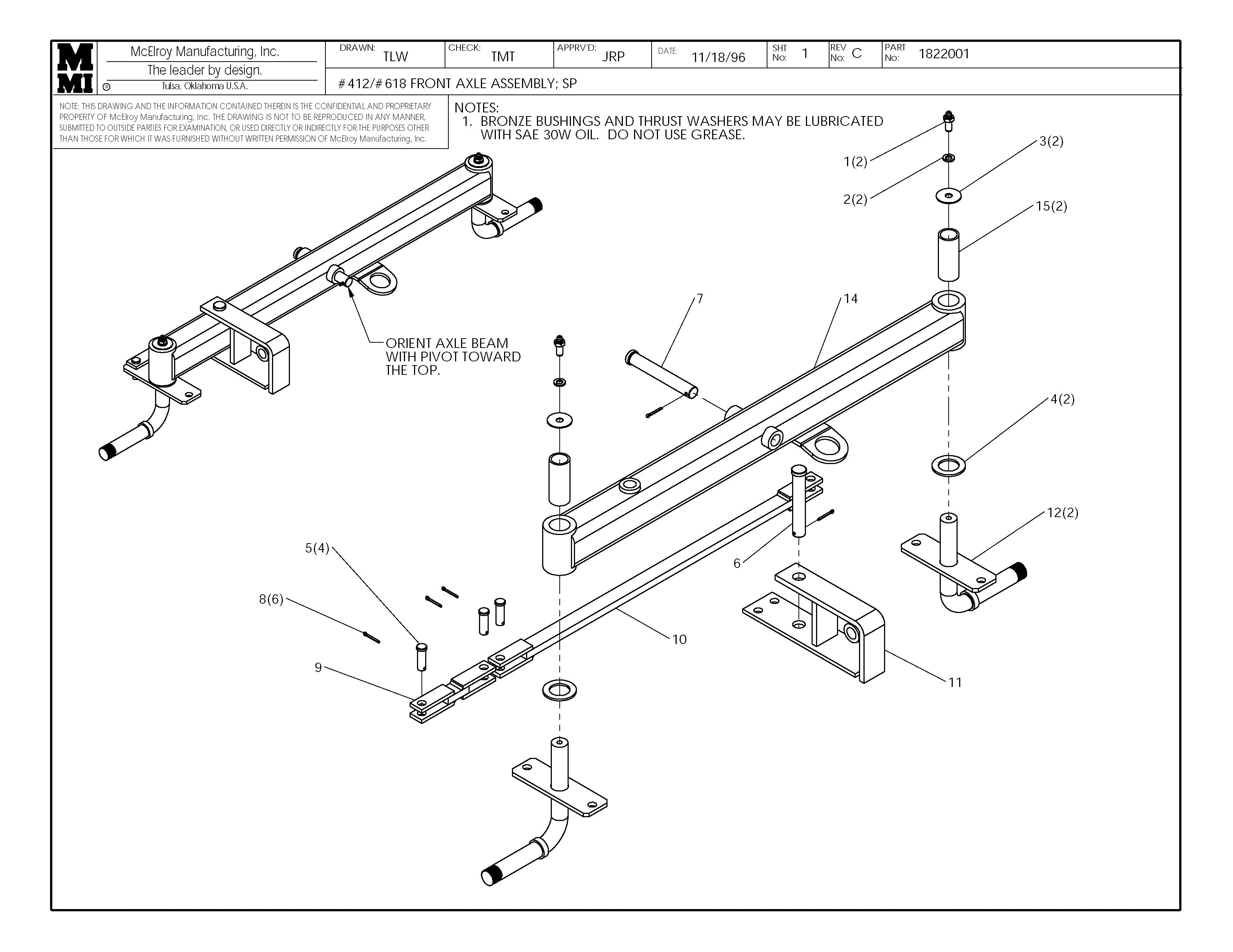 McElroy Part 1822001 - 12/18 FRONT AXLE ASSY;SP for sale