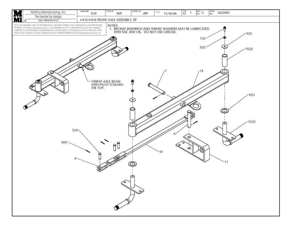 McElroy Part 1822001 - 12/18 FRONT AXLE ASSY;SP for sale