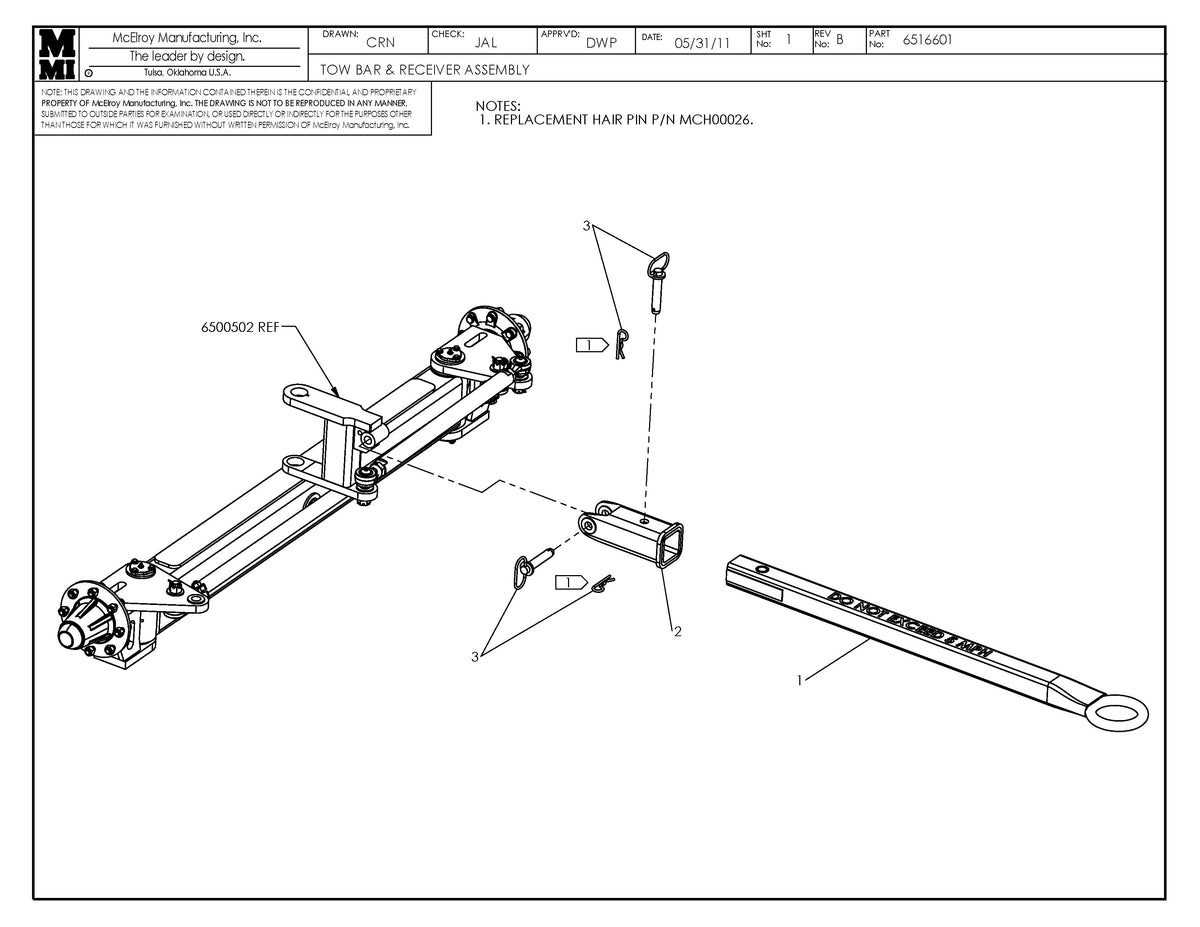 McElroy Part 6516601 - TOW BAR & RECEIVER ASSY for sale