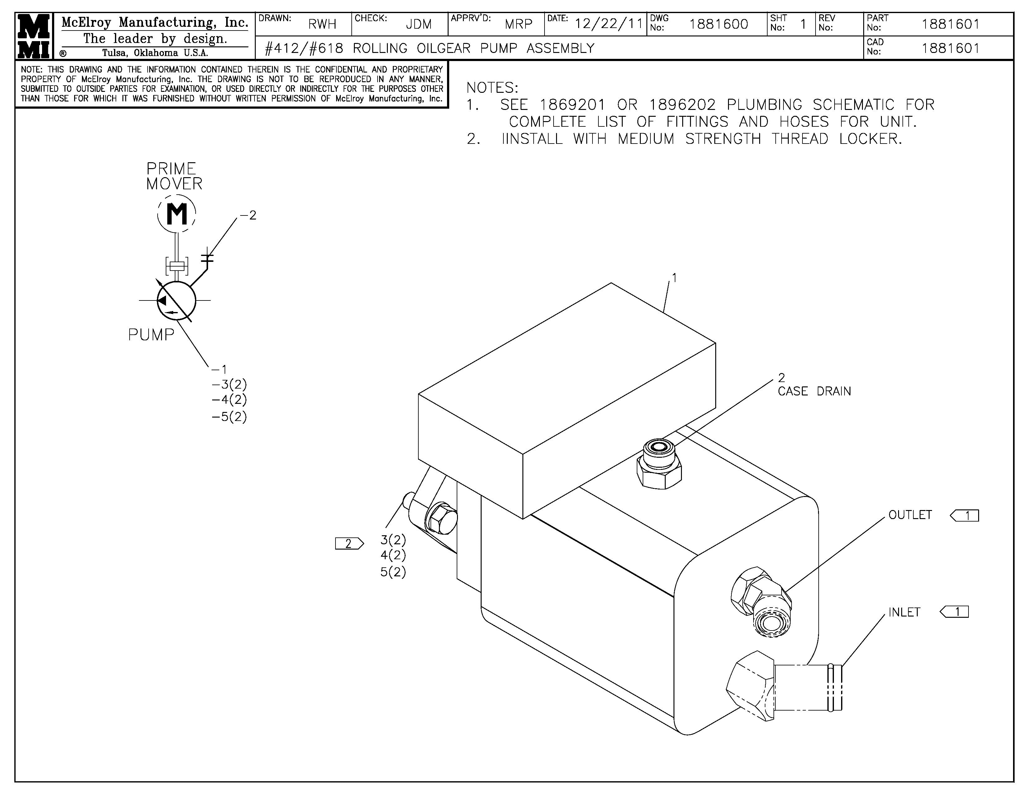 McElroy Part 1881601 - 12/18 ROLLING OILGEAR PUMP ASY for sale