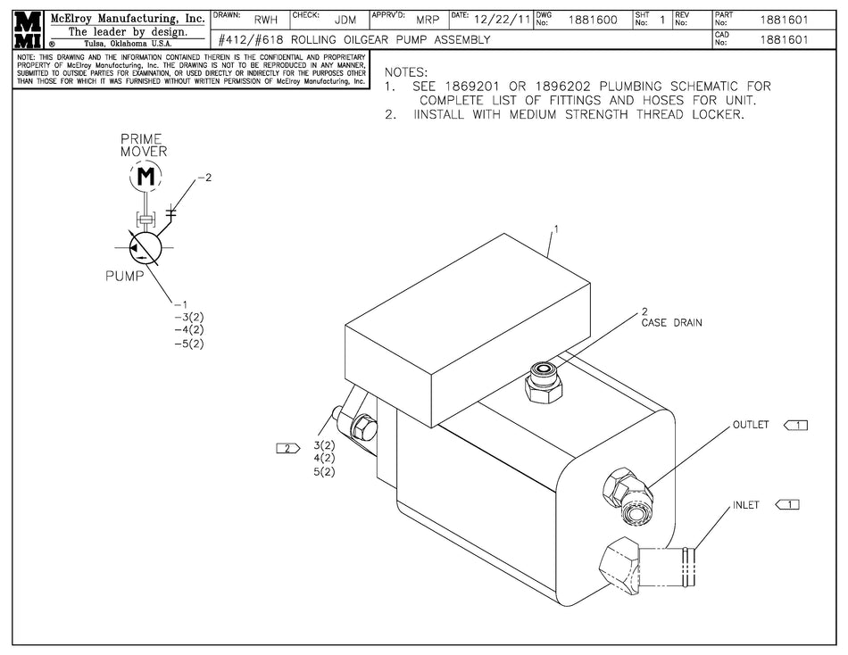 McElroy Part 1881601 - 12/18 ROLLING OILGEAR PUMP ASY for sale