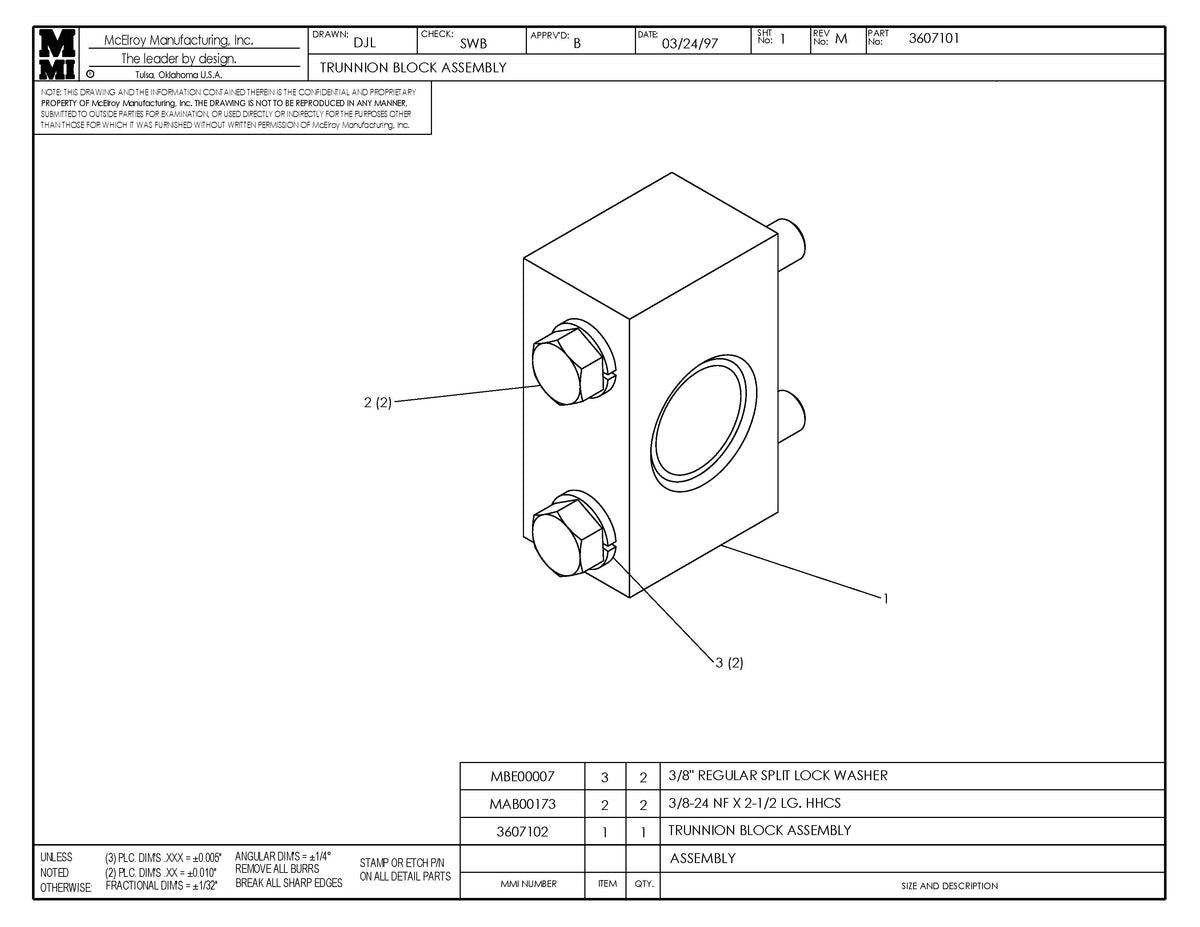 McElroy Part 3607101 - TRUNNION BLOCK ASSY W/ BOLTS for sale