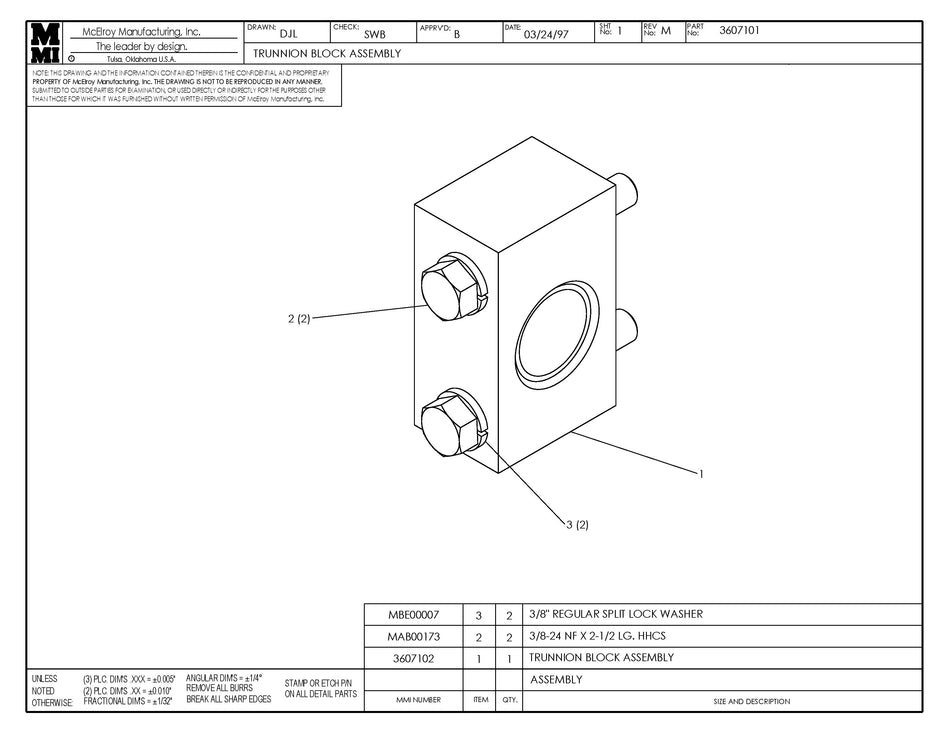 McElroy Part 3607101 - TRUNNION BLOCK ASSY W/ BOLTS for sale