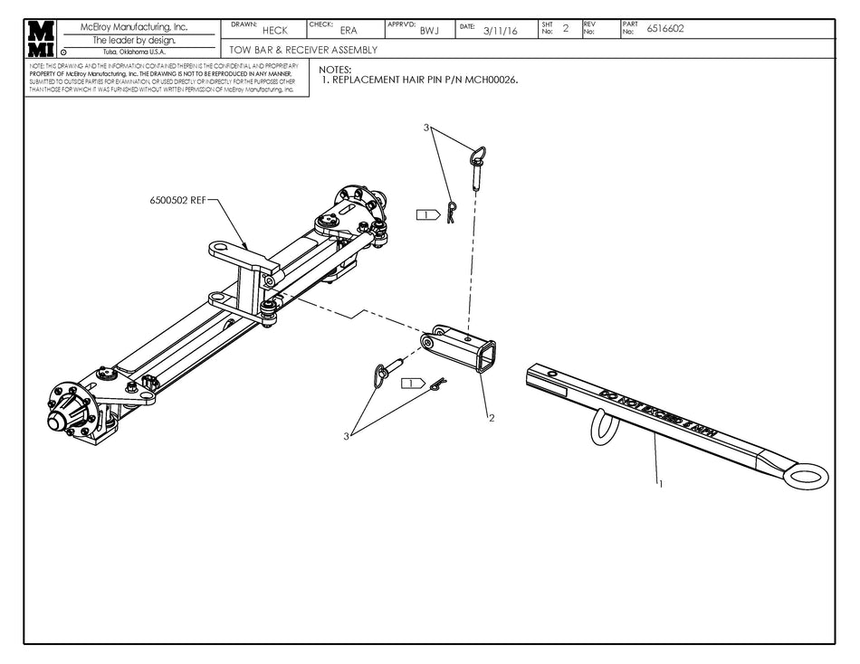 McElroy Part 6516602 - TOW BAR & RECEIVER ASSY for sale