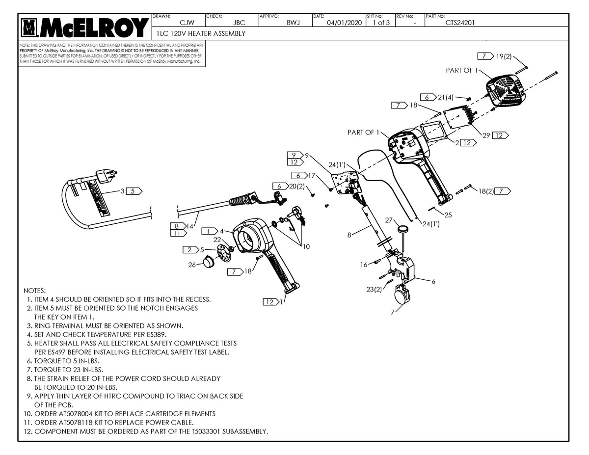 McElroy Part CTS24201 - 1LC 120V HEATER ASSY For Sale