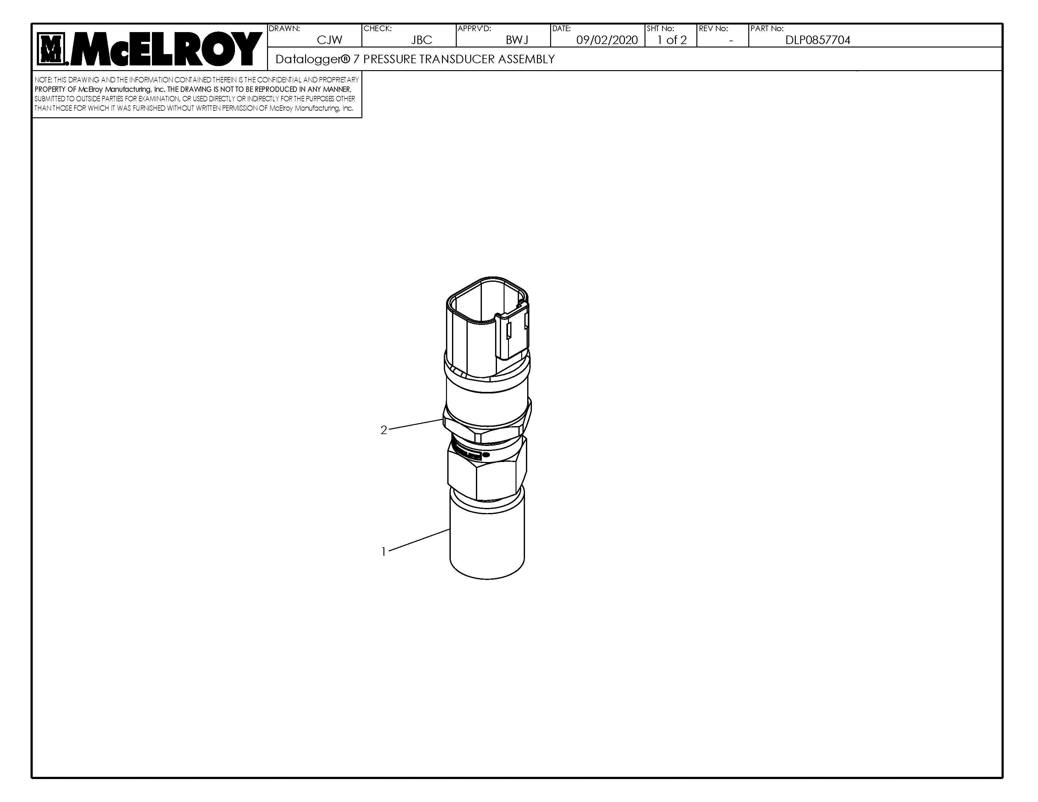 McElroy Part DLP0857704 - DL 7 PRESSURE TRANSDUCER ASSY For Sale